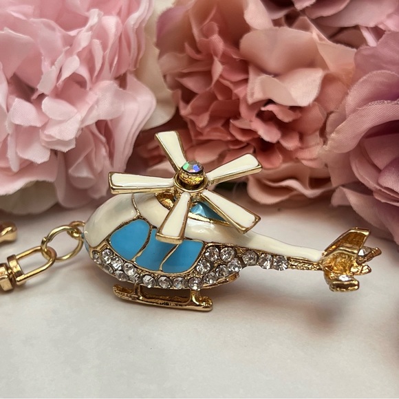Whimsical Blue and White Crystal Helicopter Keychain Charm - Picture 5 of 16